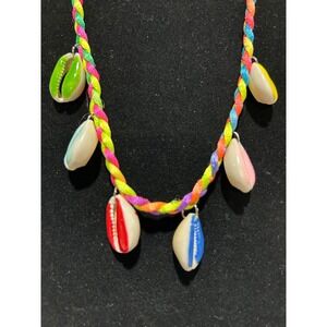 Shell Necklace Bright Multicolor Braided Cord Beachy Boho Spring Summer Hippie